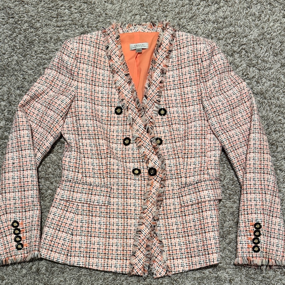 Tahari ASL Coral Tweed Double-Breasted Blazer
